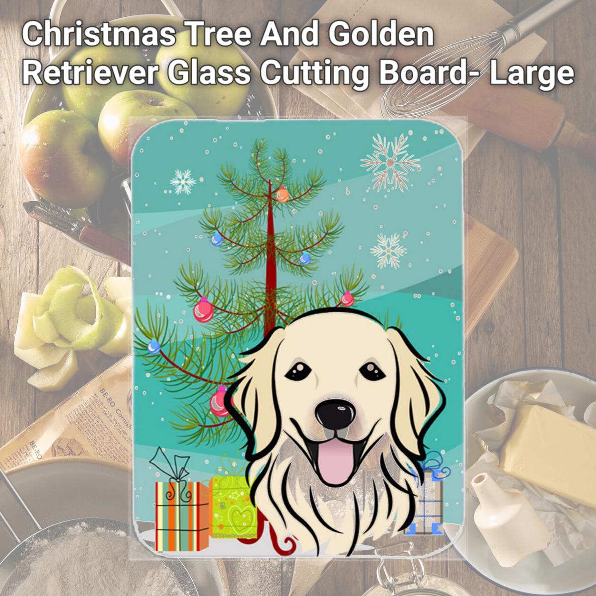 Picture of Carolines Treasures BB1577LCB Christmas Tree And Golden Retriever Glass Cutting Board- Large