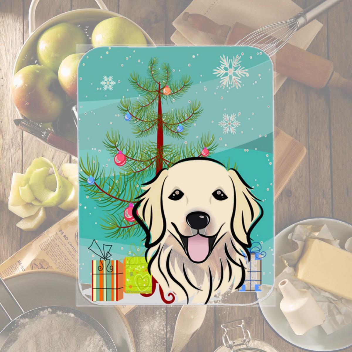 Picture of Carolines Treasures BB1577LCB Christmas Tree And Golden Retriever Glass Cutting Board- Large