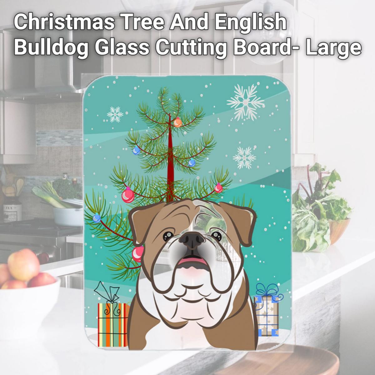 Picture of Carolines Treasures BB1591LCB Christmas Tree And English Bulldog Glass Cutting Board- Large