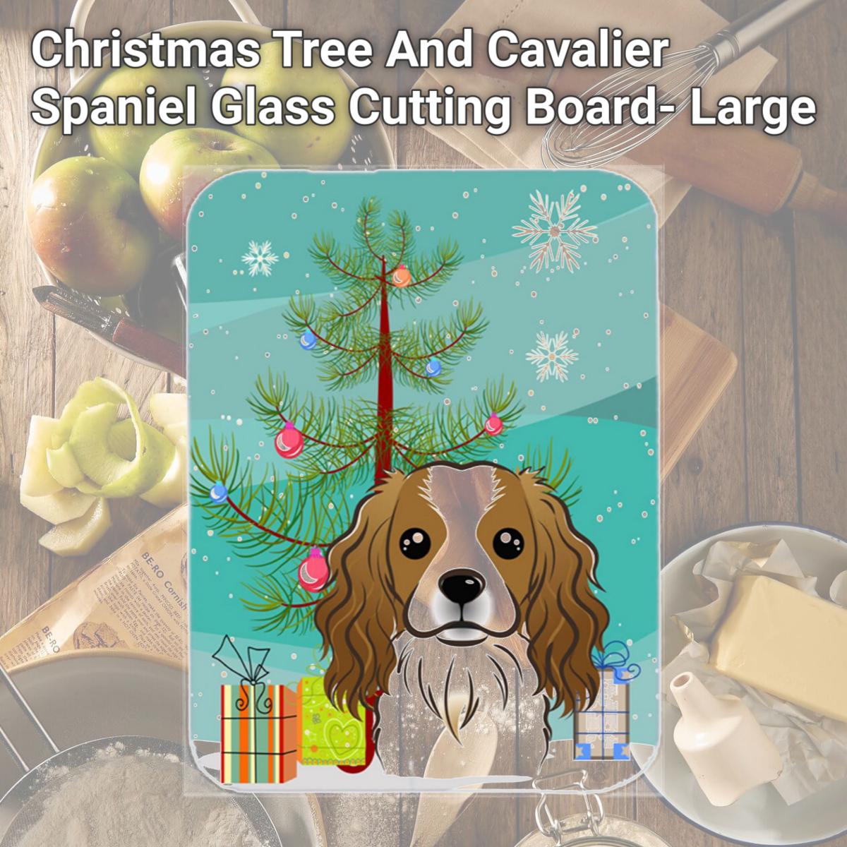 Picture of Carolines Treasures BB1596LCB Christmas Tree And Cavalier Spaniel Glass Cutting Board- Large