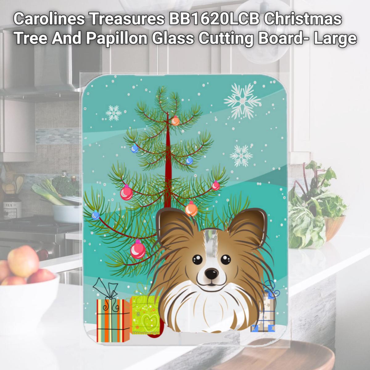 Picture of Carolines Treasures BB1620LCB Christmas Tree And Papillon Glass Cutting Board- Large