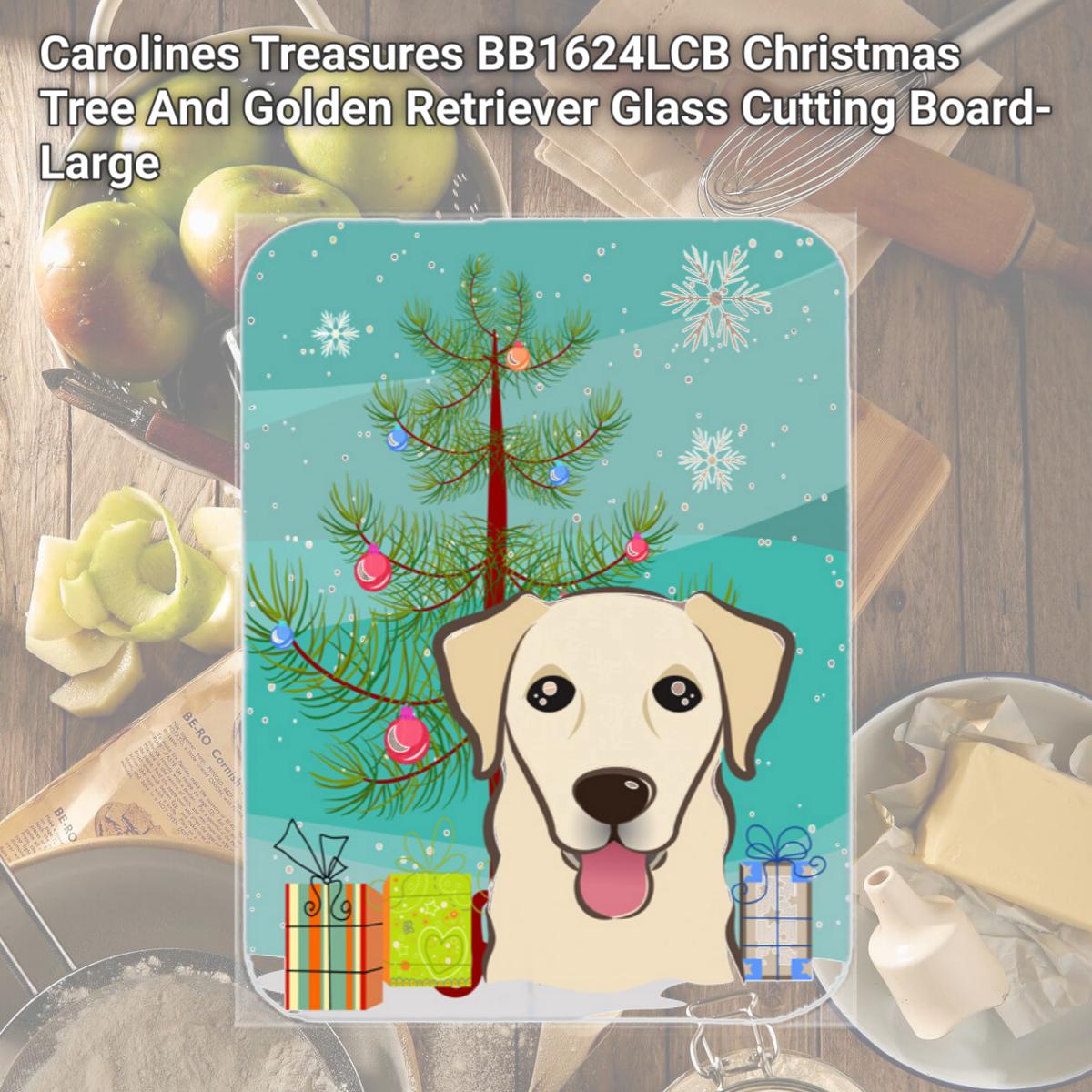 Picture of Carolines Treasures BB1624LCB Christmas Tree And Golden Retriever Glass Cutting Board- Large