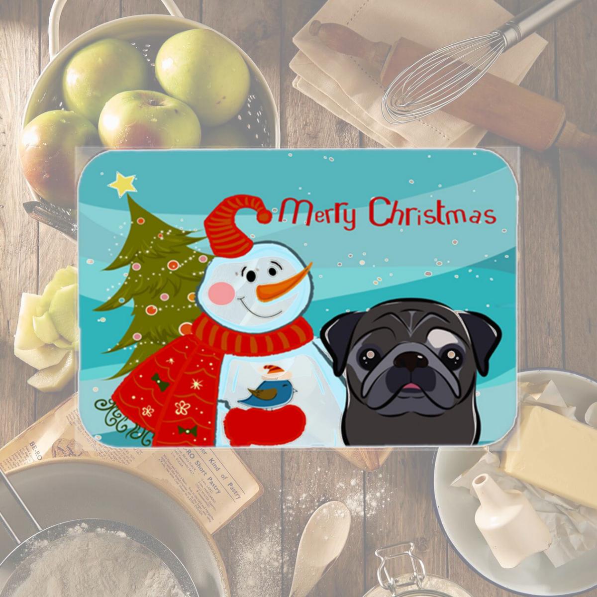 Picture of Carolines Treasures BB1883LCB Snowman With Black Pug Glass Cutting Board- Large