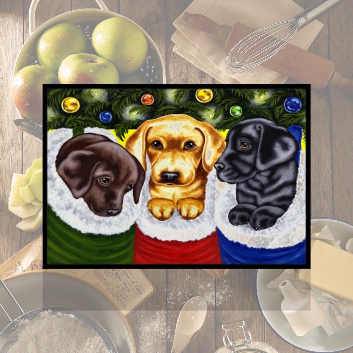 Picture of Carolines Treasures AMB1315LCB Christmas Stocking Surprise Labrador Glass Large Cutting Board