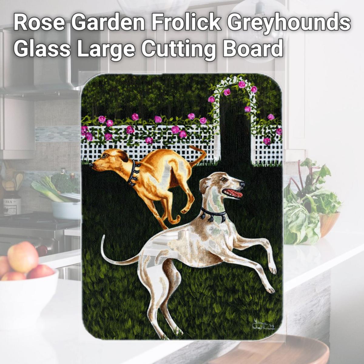 Picture of Carolines Treasures AMB1354LCB Rose Garden Frolick Greyhounds Glass Large Cutting Board