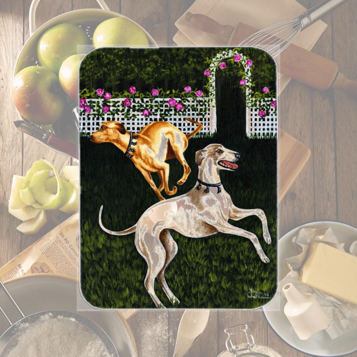 Picture of Carolines Treasures AMB1354LCB Rose Garden Frolick Greyhounds Glass Large Cutting Board