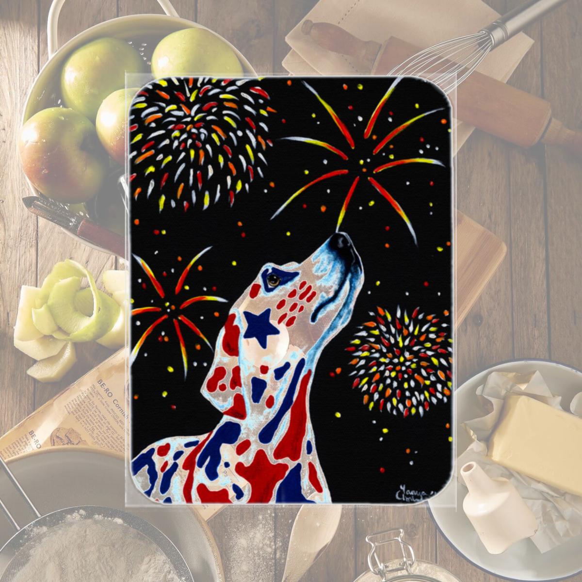 Picture of Carolines Treasures AMB1451LCB For Our Heros Fireworks Patriotic Dalmatian Glass Large Cutting Board