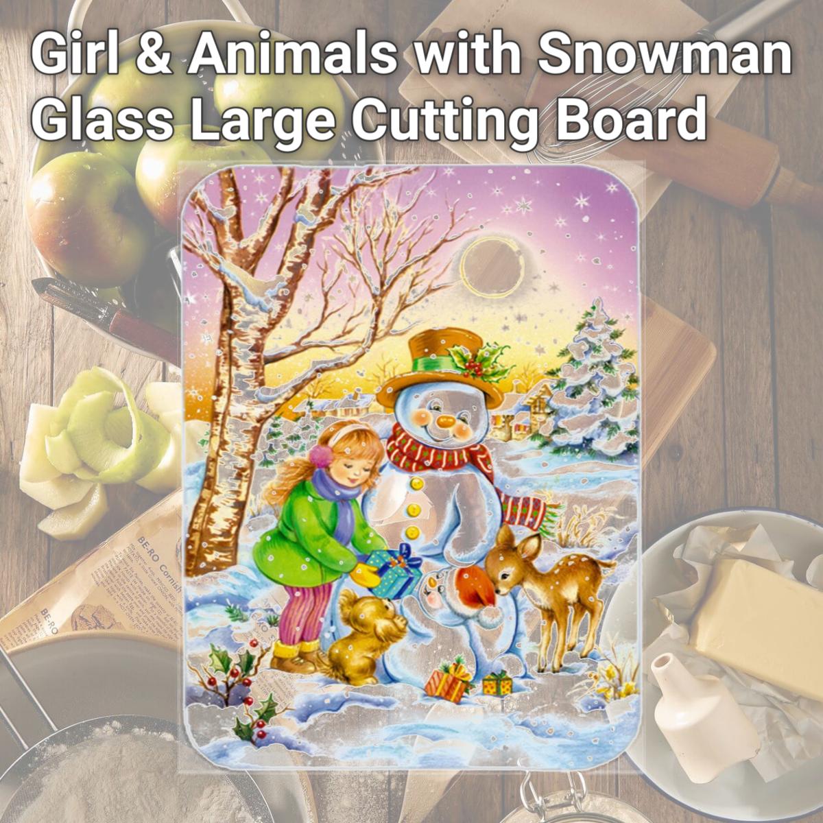 Picture of Carolines Treasures APH3544LCB Girl & Animals with Snowman Glass Large Cutting Board