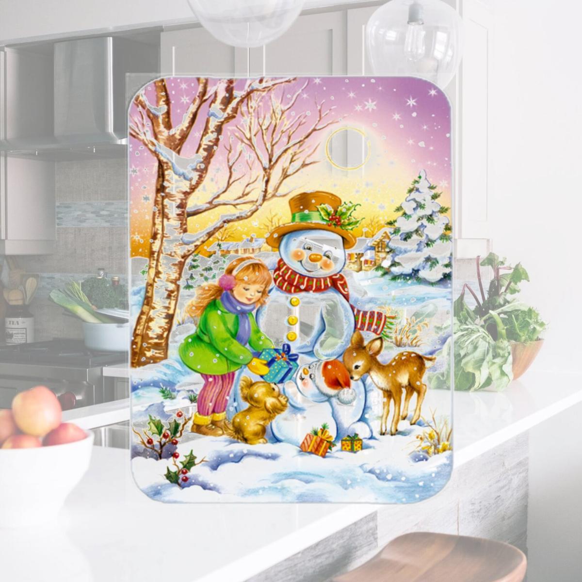 Picture of Carolines Treasures APH3544LCB Girl & Animals with Snowman Glass Large Cutting Board