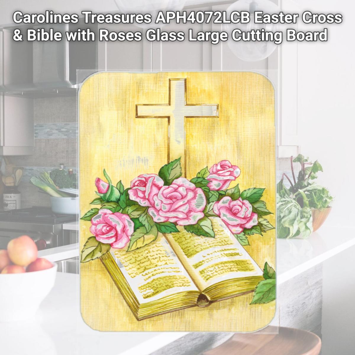 Picture of Carolines Treasures APH4072LCB Easter Cross & Bible with Roses Glass Large Cutting Board