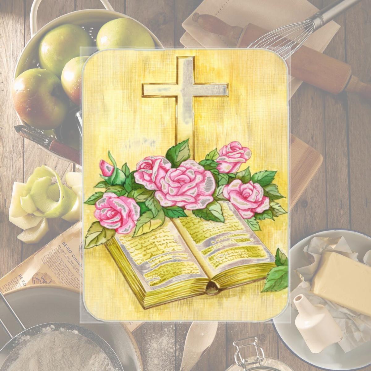 Picture of Carolines Treasures APH4072LCB Easter Cross & Bible with Roses Glass Large Cutting Board