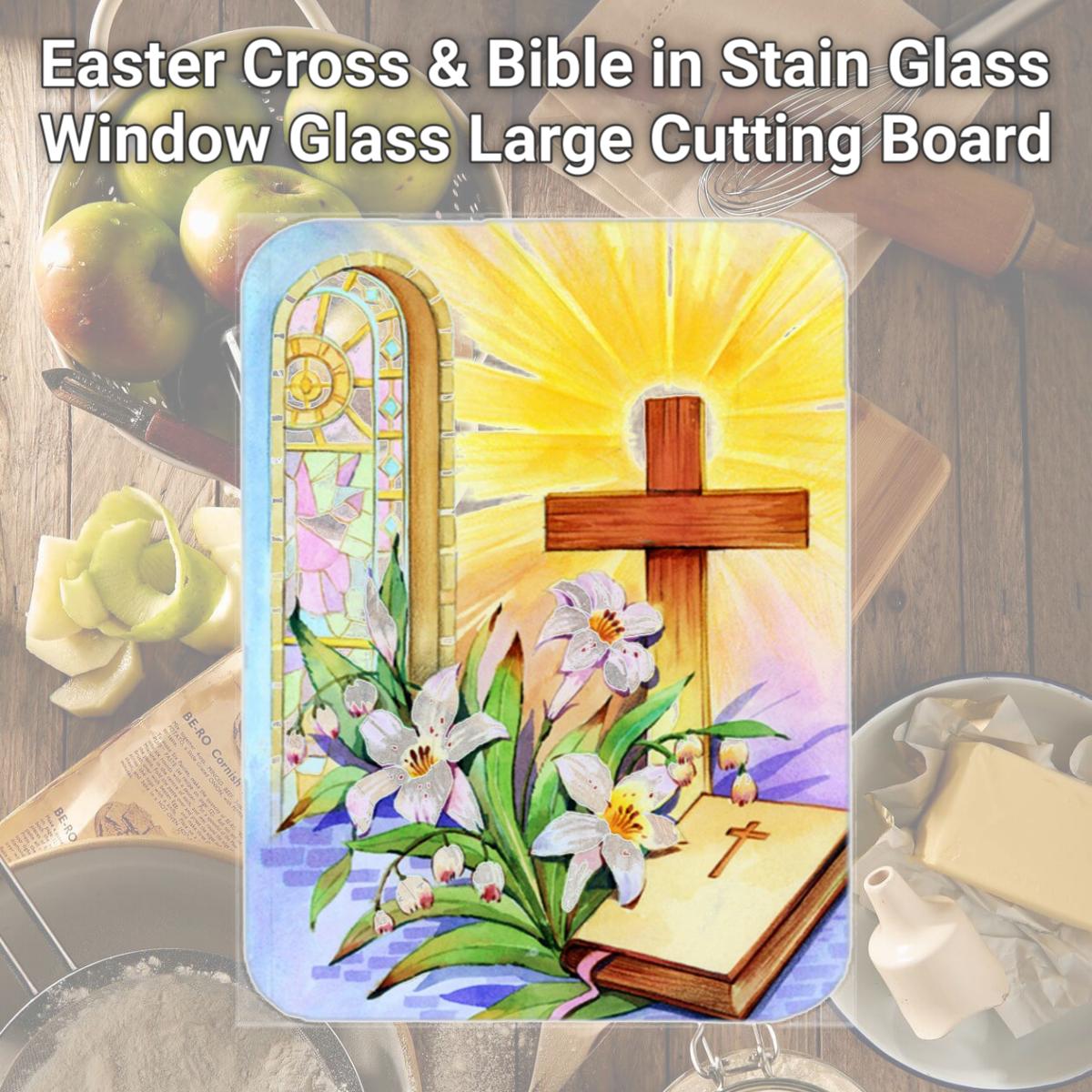 Picture of Carolines Treasures APH5433LCB Easter Cross & Bible in Stain Glass Window Glass Large Cutting Board