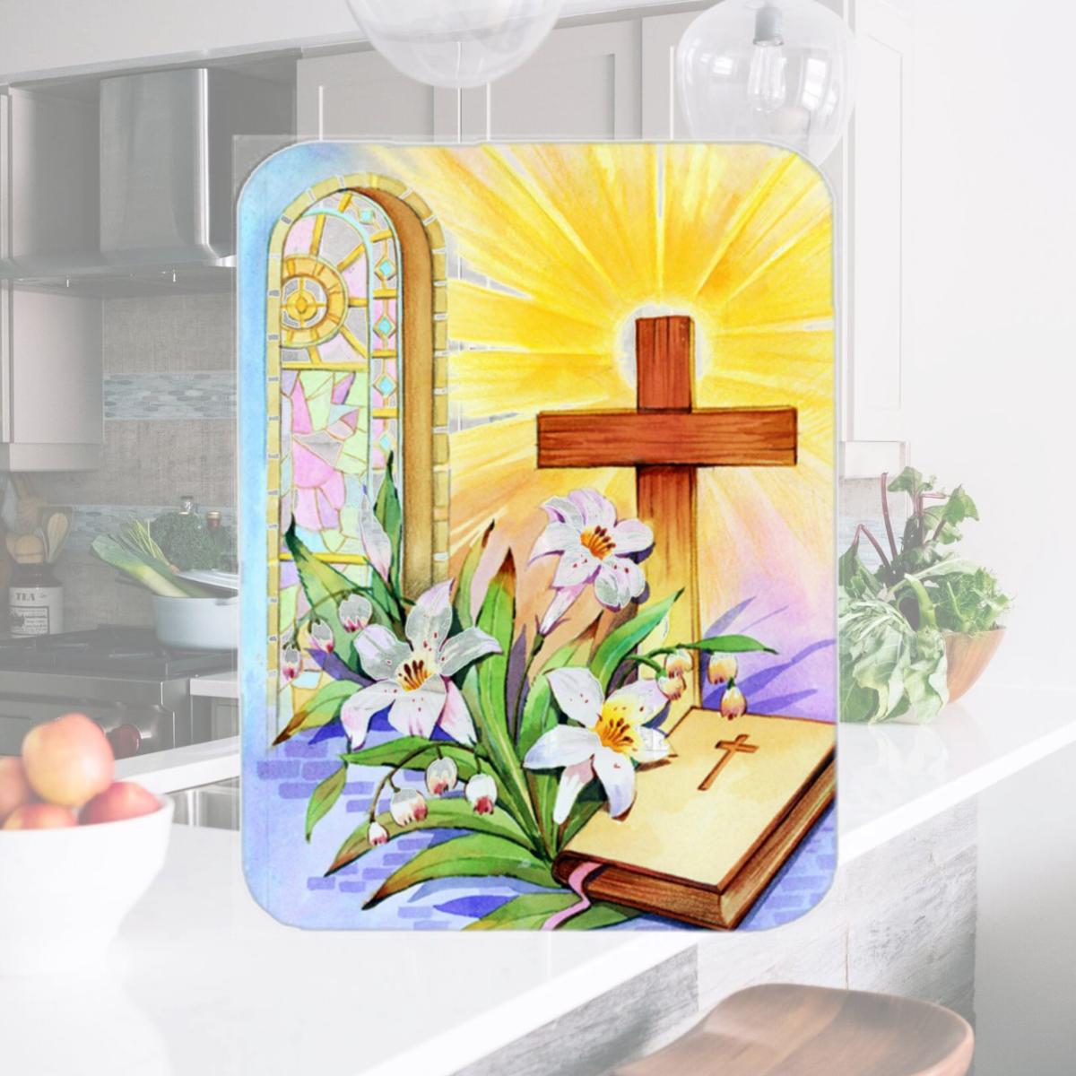 Picture of Carolines Treasures APH5433LCB Easter Cross & Bible in Stain Glass Window Glass Large Cutting Board