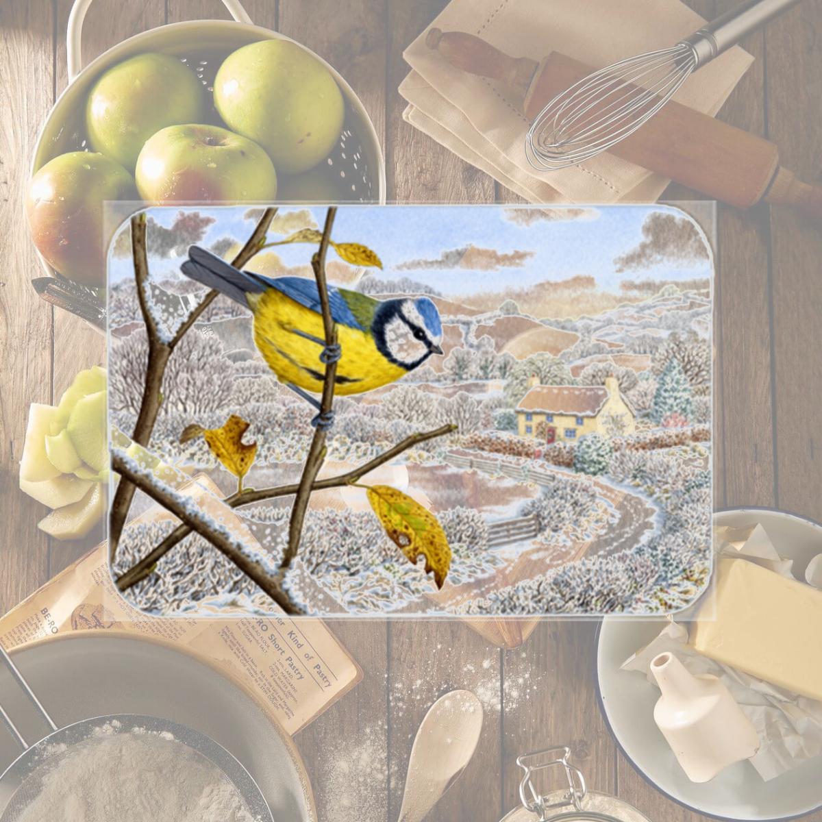 Picture of Carolines Treasures ASA2188LCB Winter Eurasian Blue Tit Glass Large Cutting Board