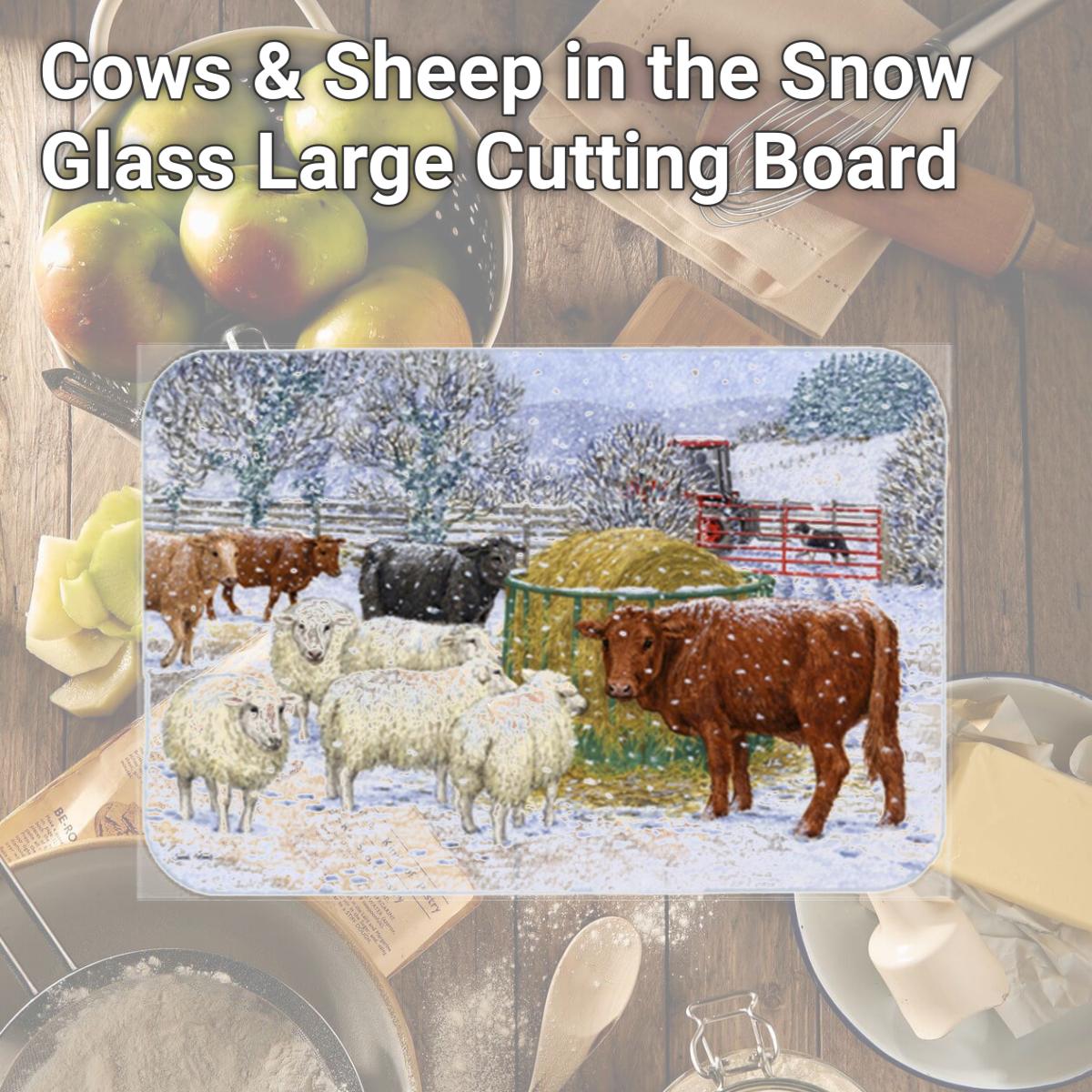 Picture of Carolines Treasures ASA2207LCB Cows & Sheep in the Snow Glass Large Cutting Board