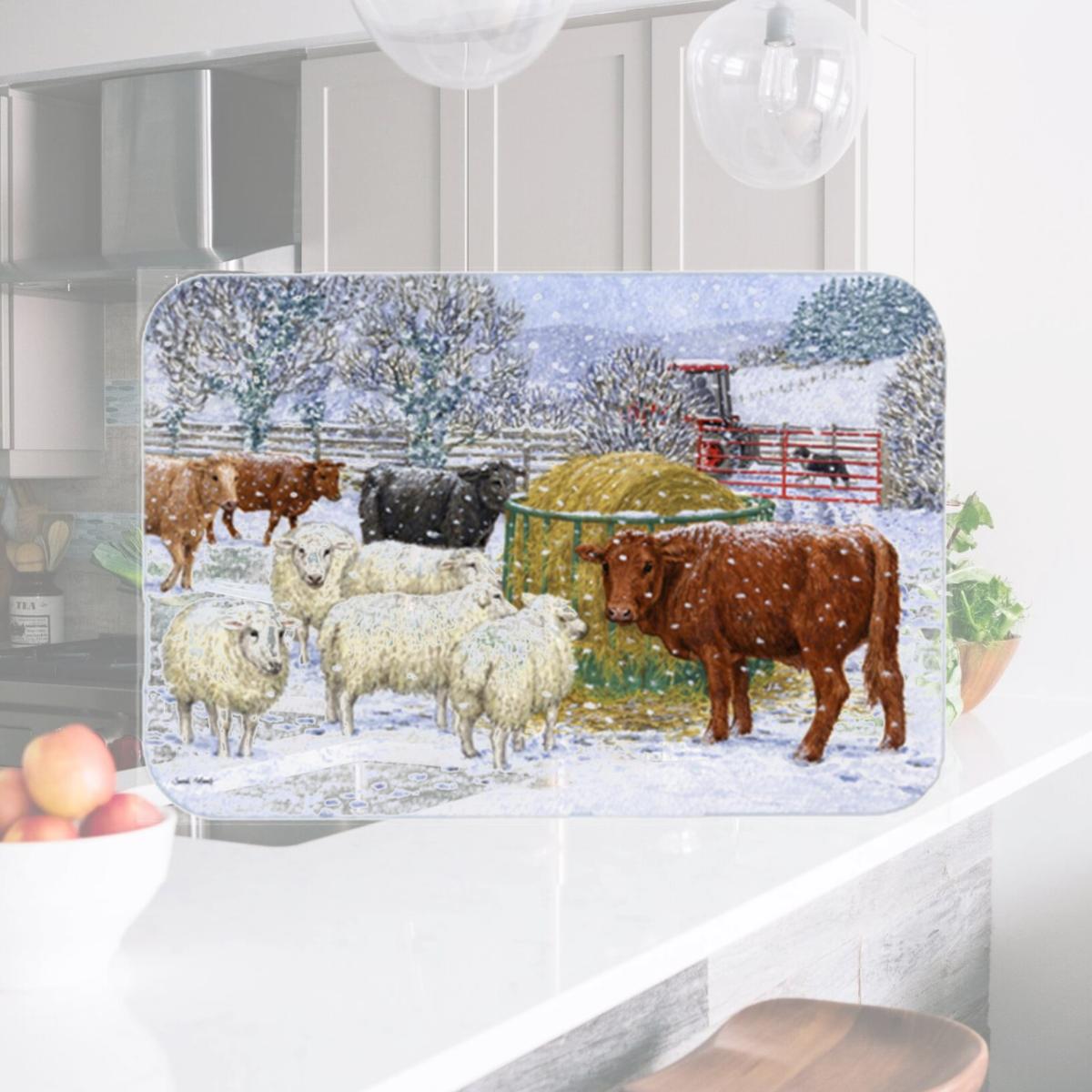 Picture of Carolines Treasures ASA2207LCB Cows & Sheep in the Snow Glass Large Cutting Board