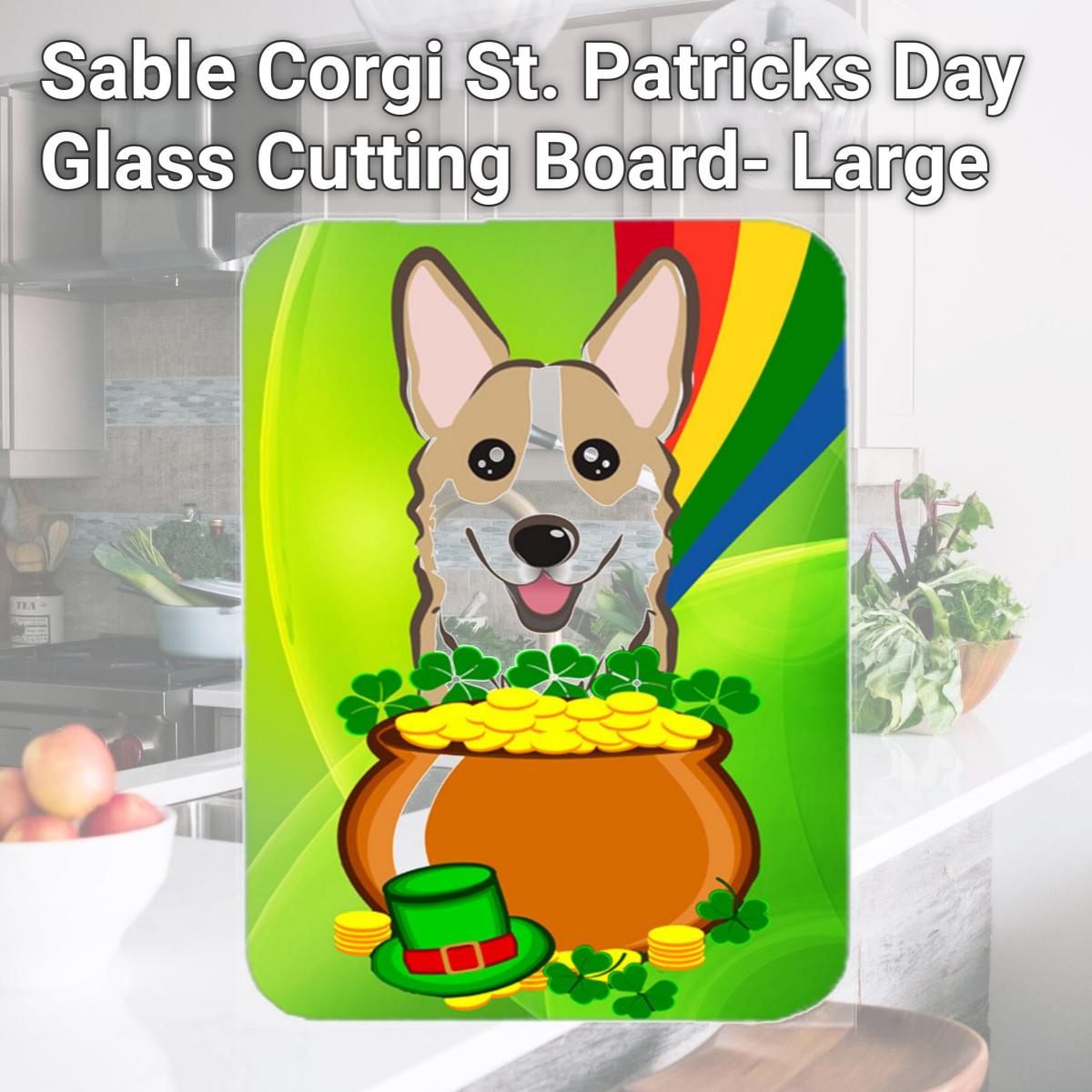 Picture of Carolines Treasures BB1997LCB Sable Corgi St. Patricks Day Glass Cutting Board- Large
