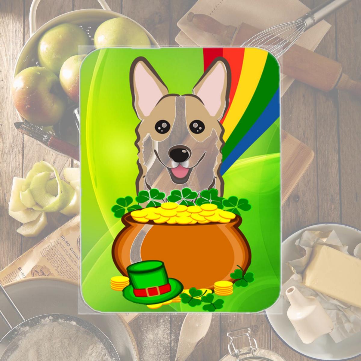 Picture of Carolines Treasures BB1997LCB Sable Corgi St. Patricks Day Glass Cutting Board- Large