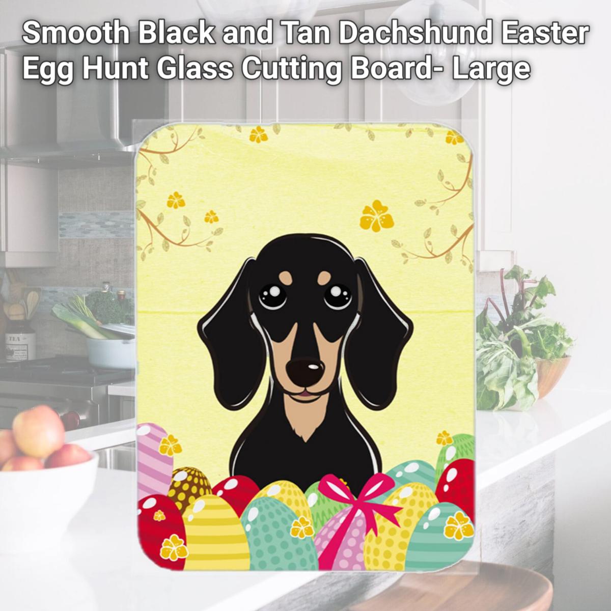Picture of Carolines Treasures BB1897LCB Smooth Black and Tan Dachshund Easter Egg Hunt Glass Cutting Board- Large