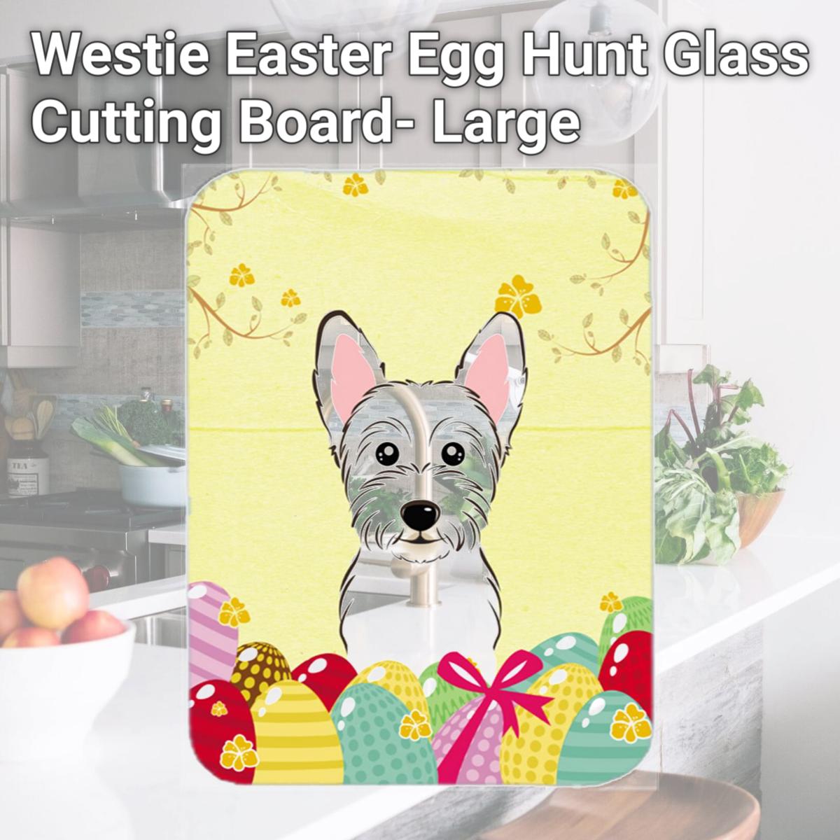 Picture of Carolines Treasures BB1908LCB Westie Easter Egg Hunt Glass Cutting Board- Large