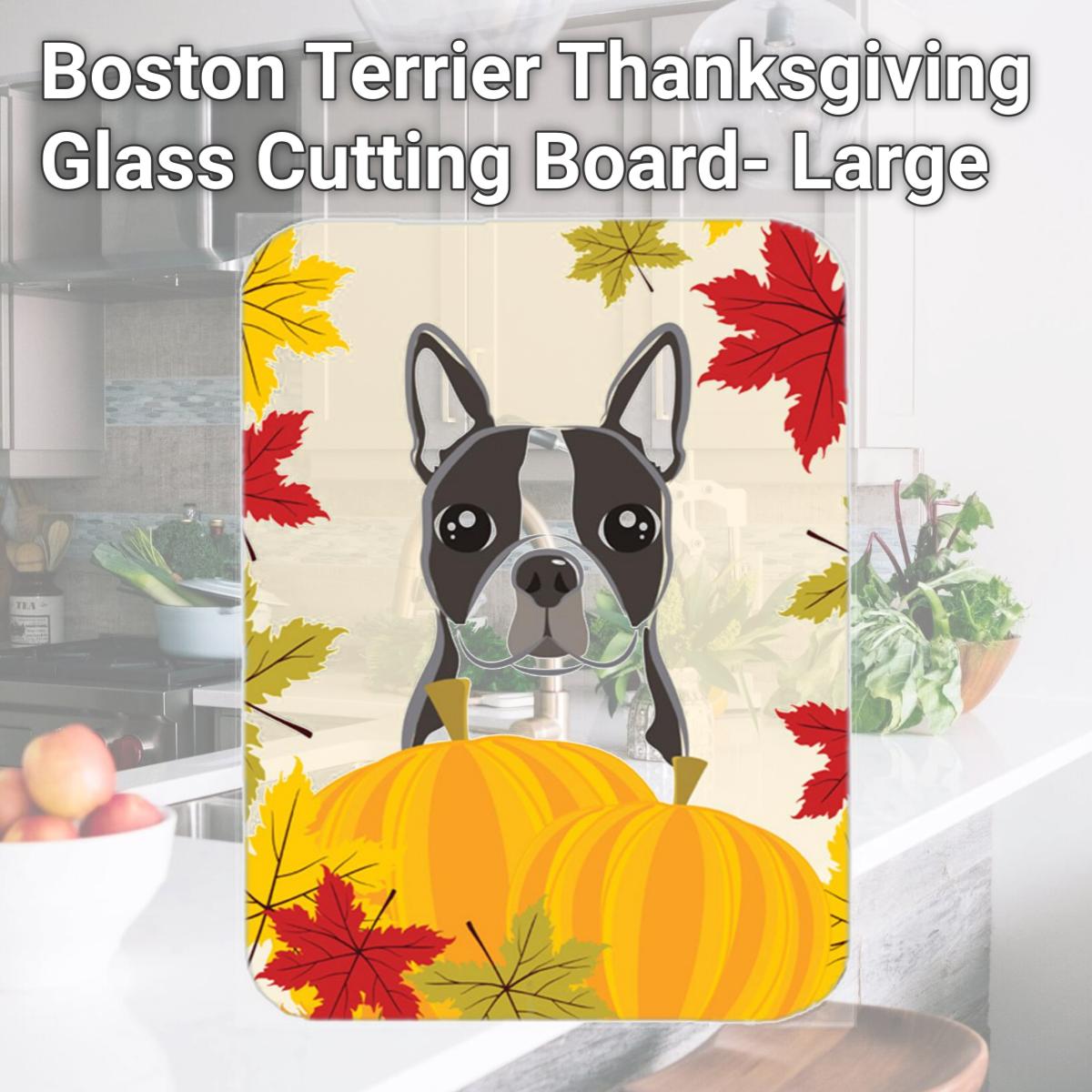 Picture of Carolines Treasures BB2009LCB Boston Terrier Thanksgiving Glass Cutting Board- Large