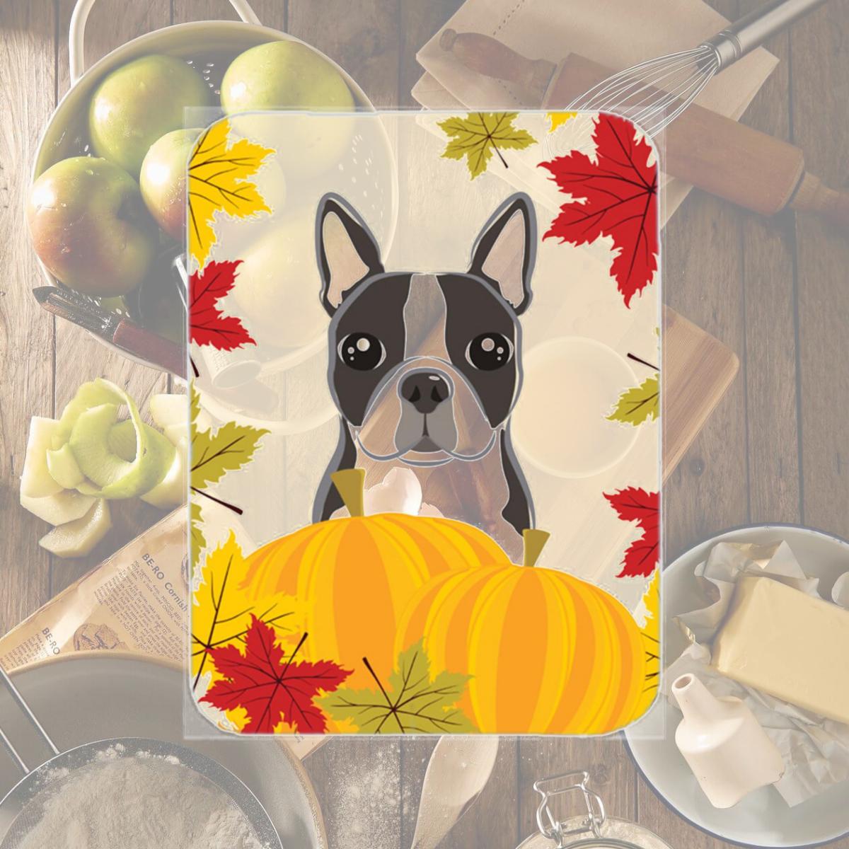 Picture of Carolines Treasures BB2009LCB Boston Terrier Thanksgiving Glass Cutting Board- Large