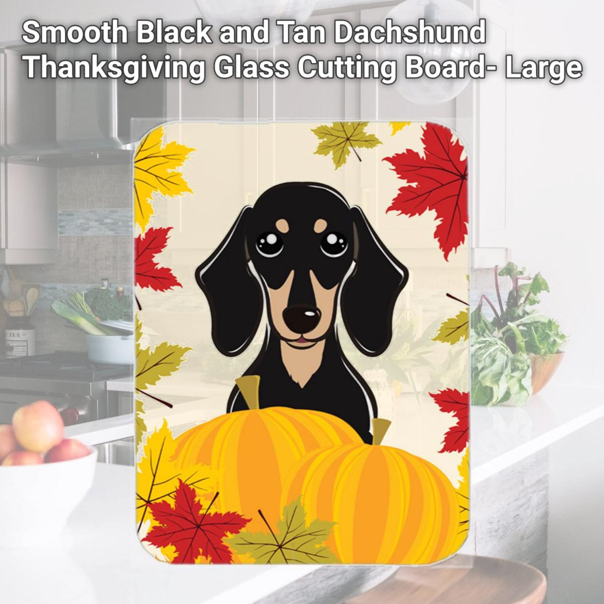 Picture of Carolines Treasures BB2021LCB Smooth Black and Tan Dachshund Thanksgiving Glass Cutting Board- Large