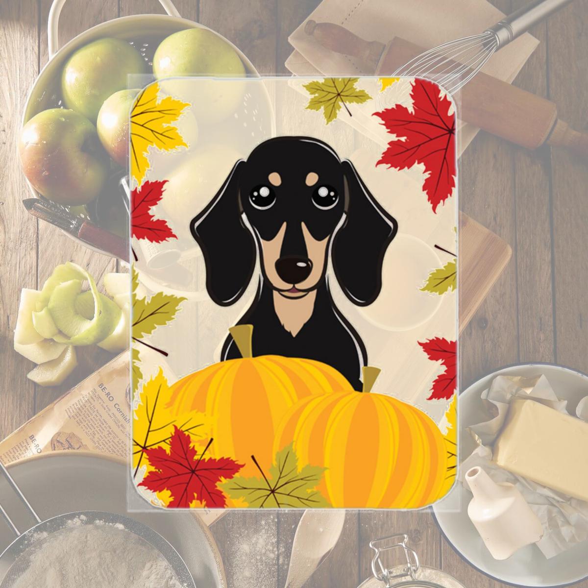 Picture of Carolines Treasures BB2021LCB Smooth Black and Tan Dachshund Thanksgiving Glass Cutting Board- Large