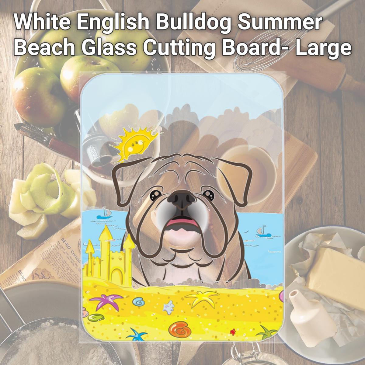 Picture of Carolines Treasures BB2088LCB White English Bulldog Summer Beach Glass Cutting Board- Large