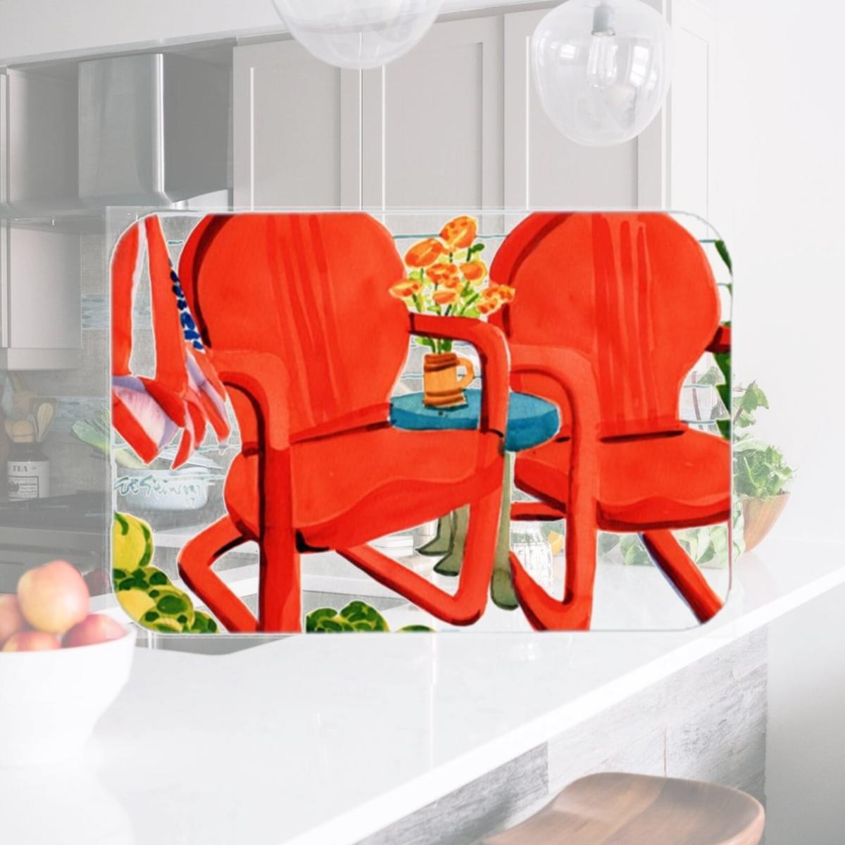 Picture of Carolines Treasures 6140LCB Red Chairs Patio View Glass Cutting Board- Large