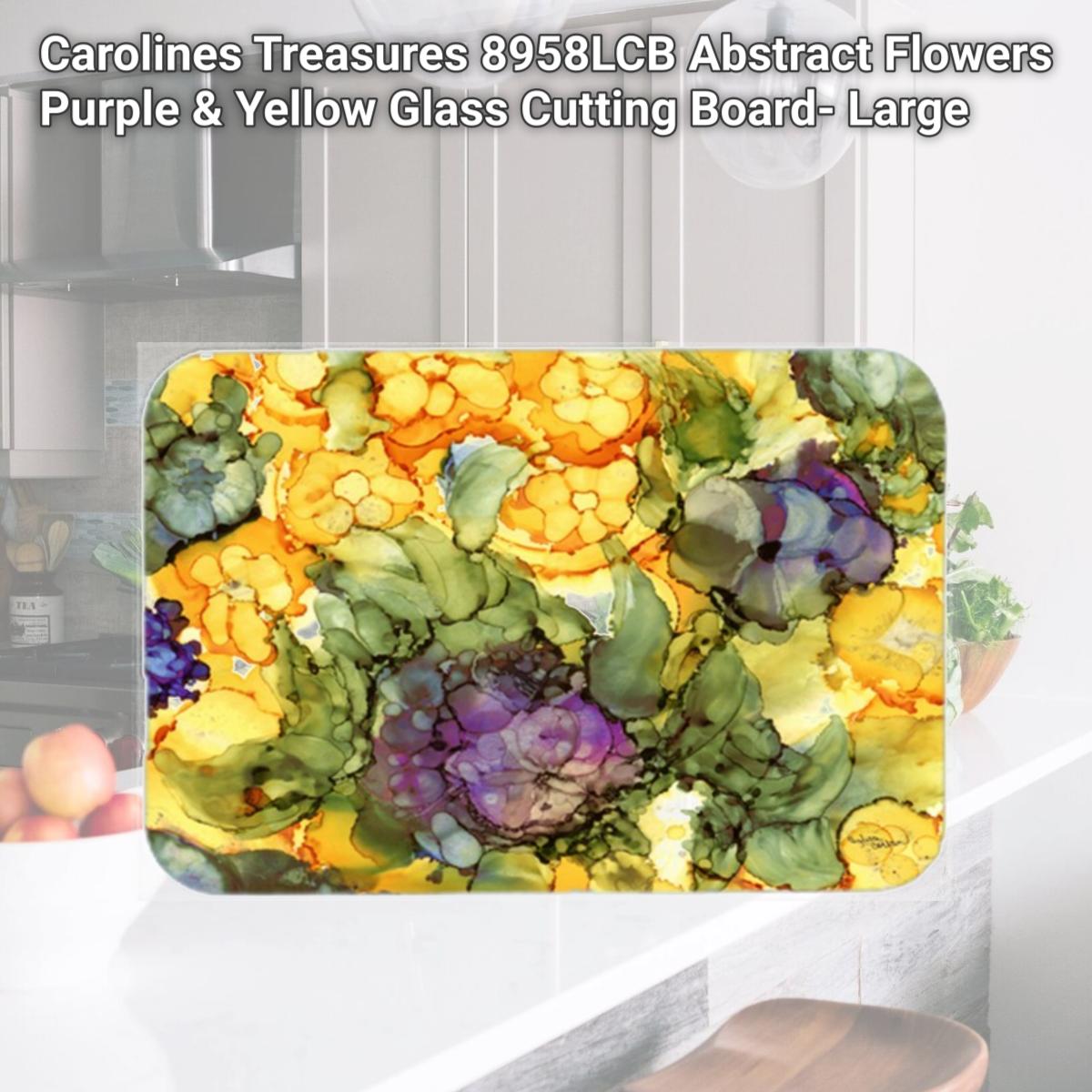 Picture of Carolines Treasures 8958LCB Abstract Flowers Purple & Yellow Glass Cutting Board- Large