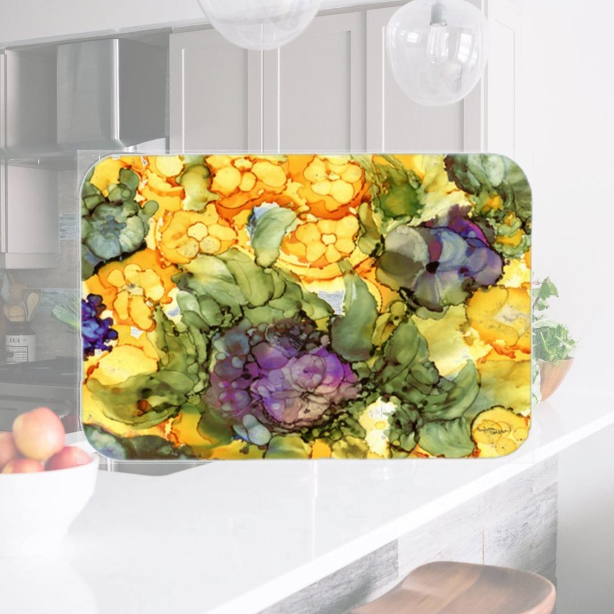 Picture of Carolines Treasures 8958LCB Abstract Flowers Purple & Yellow Glass Cutting Board- Large