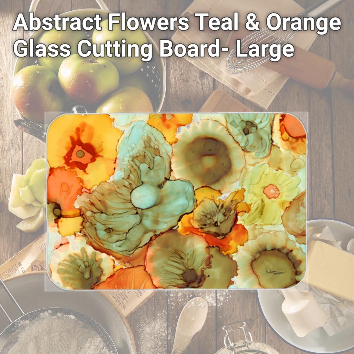 Picture of Carolines Treasures 8959LCB Abstract Flowers Teal & Orange Glass Cutting Board- Large