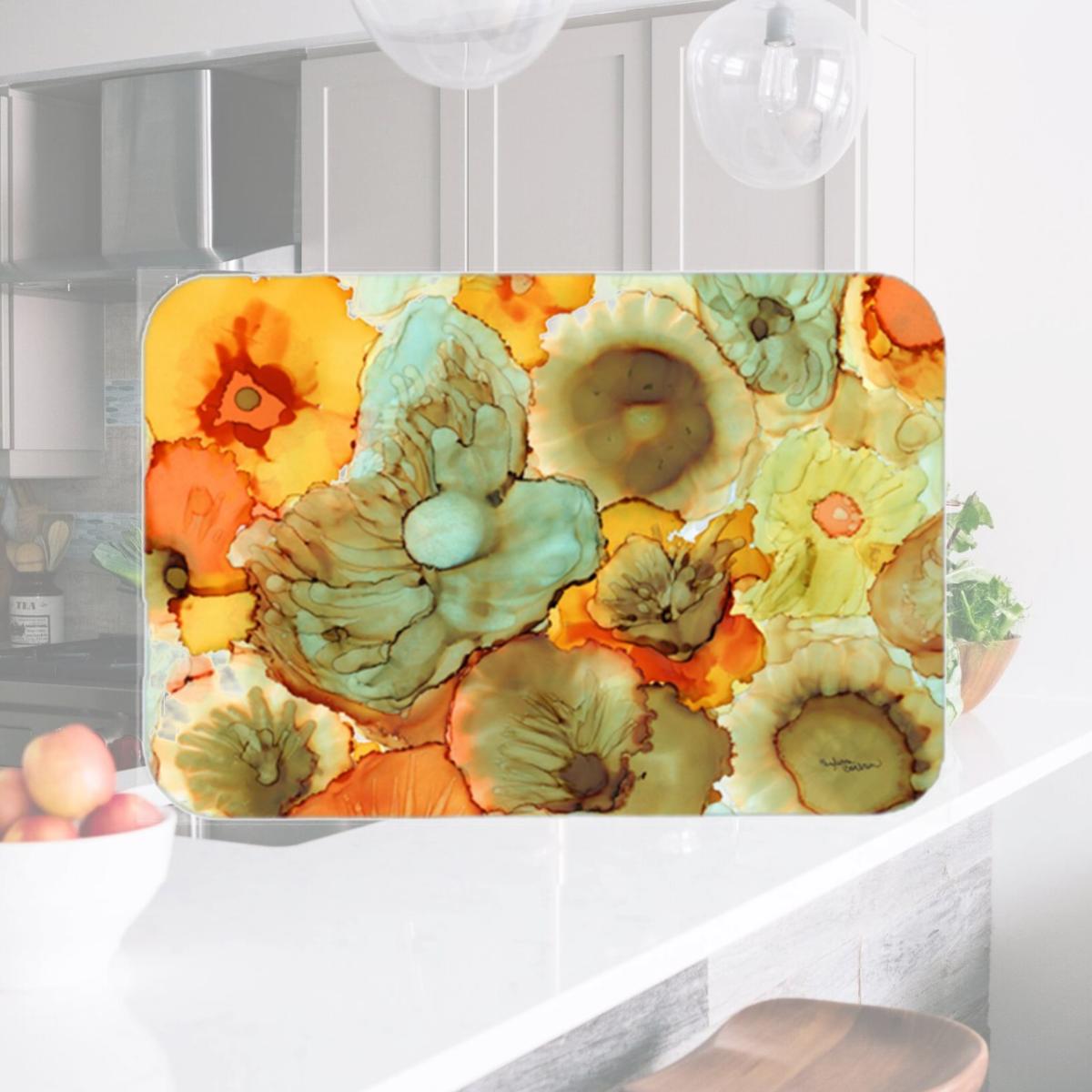 Picture of Carolines Treasures 8959LCB Abstract Flowers Teal & Orange Glass Cutting Board- Large