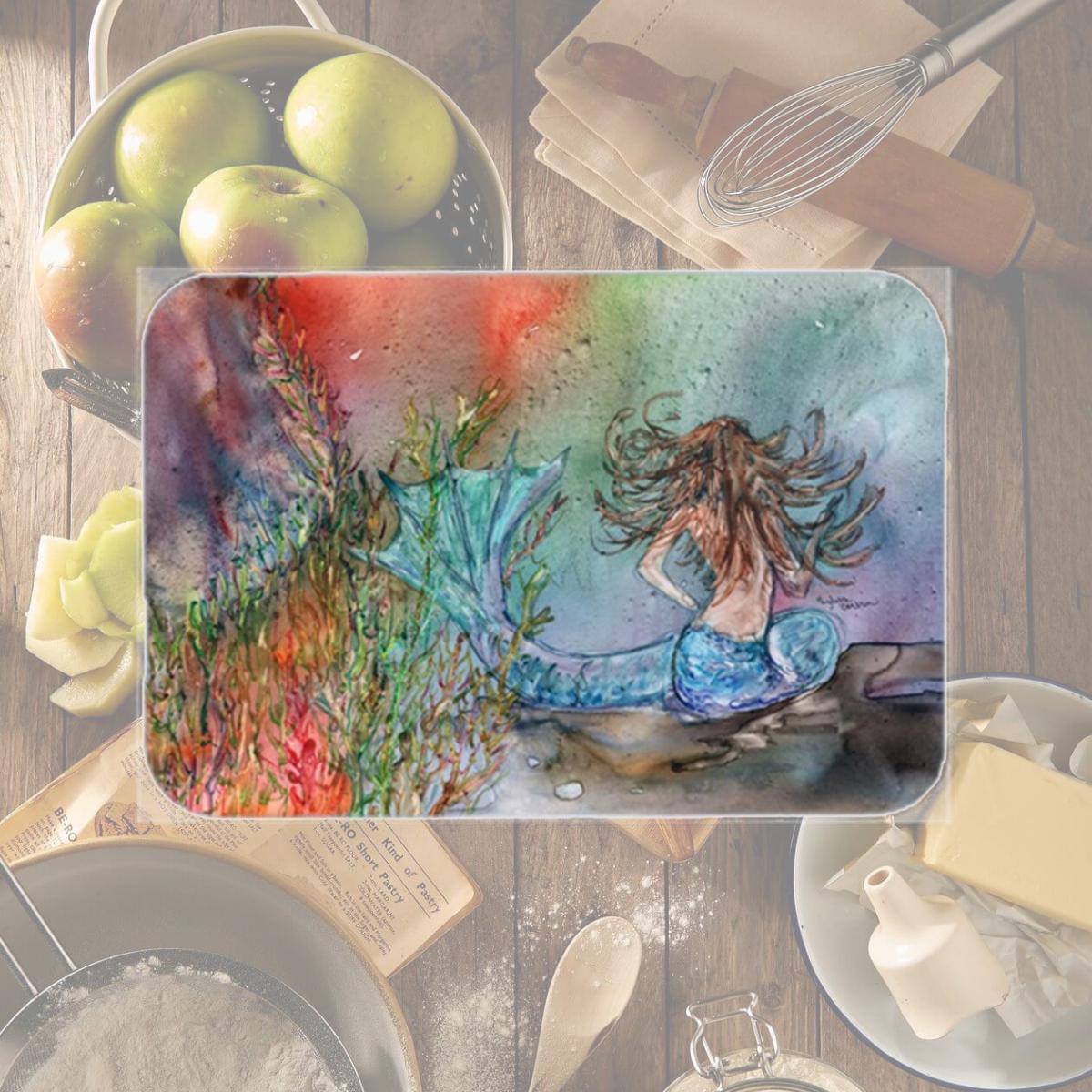 Picture of Carolines Treasures 8972LCB Brunette Mermaid Water Fantasy Glass Cutting Board- Large