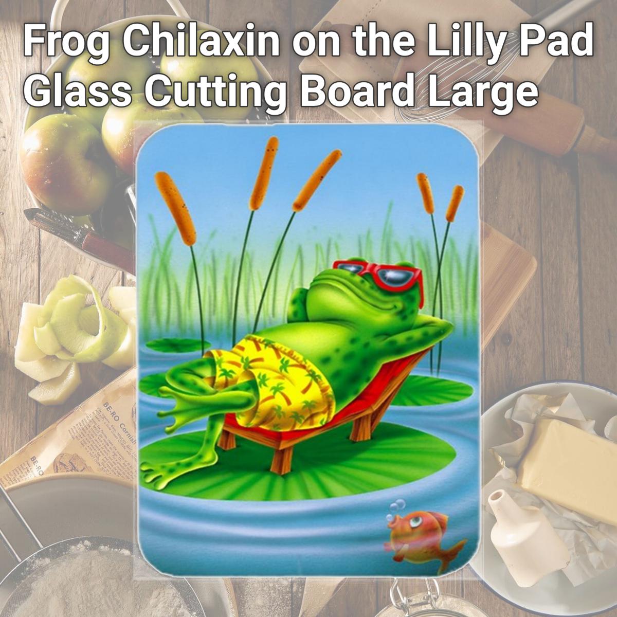 Picture of Carolines Treasures APH0521LCB Frog Chilaxin on the Lilly Pad Glass Cutting Board, Large