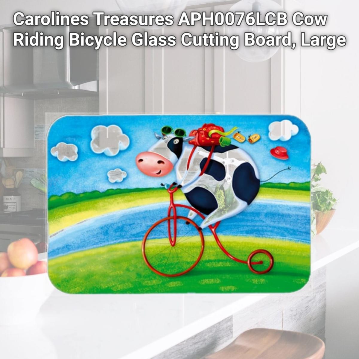 Picture of Carolines Treasures APH0076LCB Cow Riding Bicycle Glass Cutting Board, Large