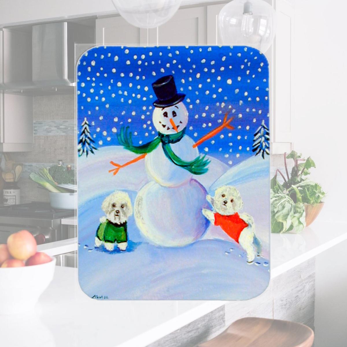 Picture of Carolines Treasures 7145LCB 15 x 12 in. Snowman With A Bichon Frise Glass Cutting Board - Large