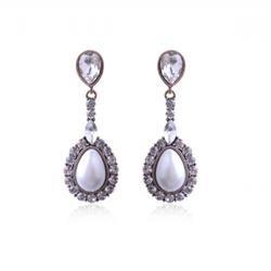Charleston 41465-496 Rhodium Crystal With Dangle Egg Shape White Pearl Earrings