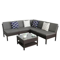 K55-ch 6 Piece Outdoor Furniture Complete Patio Backyard Pool Wicker Rattan Garden Corner Sofa Couch Set With Table & Grey Cushion, Chocolate