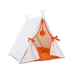 P515 Cat House Tower Rattan Wicker Portable Furniture Tent Playpen With White & Orange Soft Cushion, 19.7 X 21.7 X 22 In.