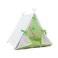 P517 Cat House Tower Rattan Wicker Portable Furniture Tent Playpen With White Rattan & Green Soft Cushion, 19.7 X 21.7 X 22 In.