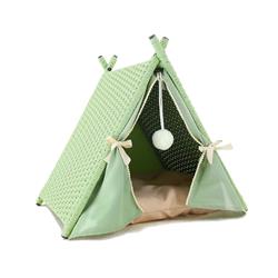 P519 Cat House Tower Rattan Wicker Portable Furniture Tent Playpen With Green Rattan With Beige Soft Cushion, 19.7 X 21.7 X 22 In.