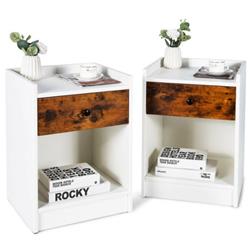 HU10130WH-2 Nightstand with Drawer Cabinet End Side Table Raised Top, White - Set of 2