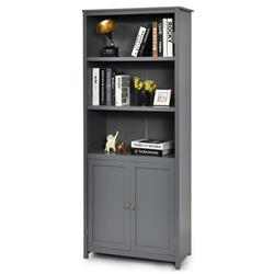HW61830GR 72 x 14 x 14 in. Bookcase Shelving Storage Wooden Cabinet Unit Standing Display Bookcase with Door, Gray