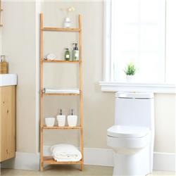 JV10569 5-Tier Ladder Shelf Modern Bamboo Leaning Bookshelf Ladder Bookcase