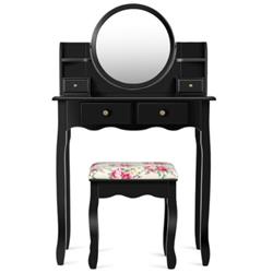 HW66130BK Makeup Vanity Set Girls Dressing Table with Drawer Oval Mirror, Black