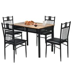 HW66276BK Wood Metal Table & 4 Chair Dining Set with Cushions, Black - 5 Piece