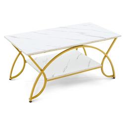 HV10267WH 2-Tier Gold Rectangle Coffee Table for Living Room, White