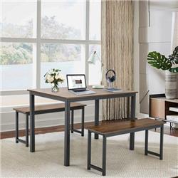 KC55455CF Dining Table Set with 2 Benches for Dining Room Kitchen Bar, Brown - 3 Piece